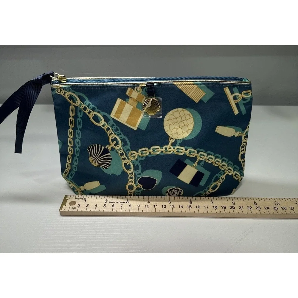 Estee Lauder Cosmetic Bags 3pc Teal Satin Nautical Chain Shell Print Gold Charm